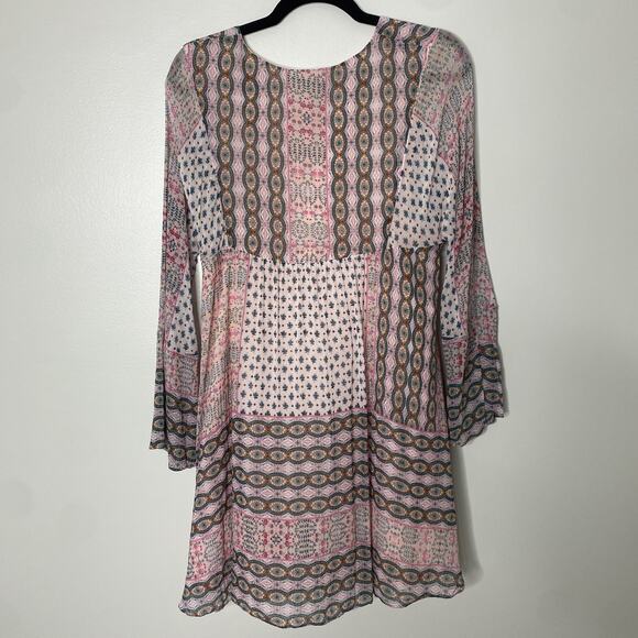 Rebecca Minkoff Pink Redland Bell Sleeve Patchwork Bohemian Mini Dress Small - Picture 2 of 8